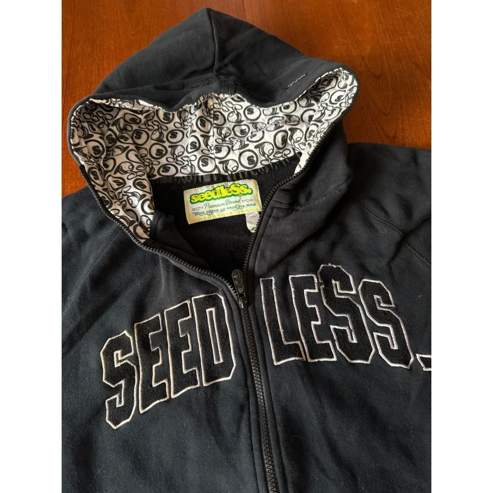 Vintage Seedless Black Full Zip Hoodie Embroidered Logo Graphic Hood Lining XL